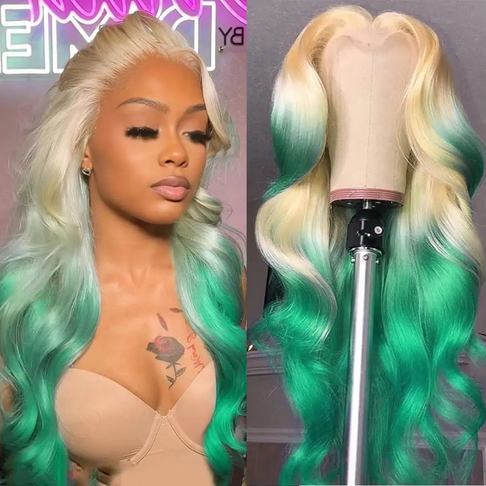 

200% Cyan Green Body Wave Human Hair Wig PrePlucked Ombre Blue Red Colored 13x4 Lace Frontal Wigs For Women 4X4 Lace Closure Wig