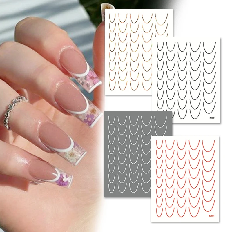 10Sheets 3D Colored French Line Tips Nail Stickers Decals Arc Shaped Stencil Manicure Guides Adhesive Sticker Nail Art Decor