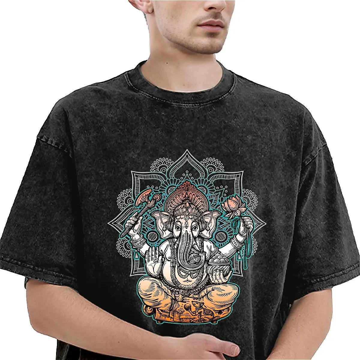 Oversized Washed T-Shirt Ganesha Cotton T-Shirts Hindu God  lotus flower Fashion Tshirt for Man Summer Y2K Retro Print Top Tees