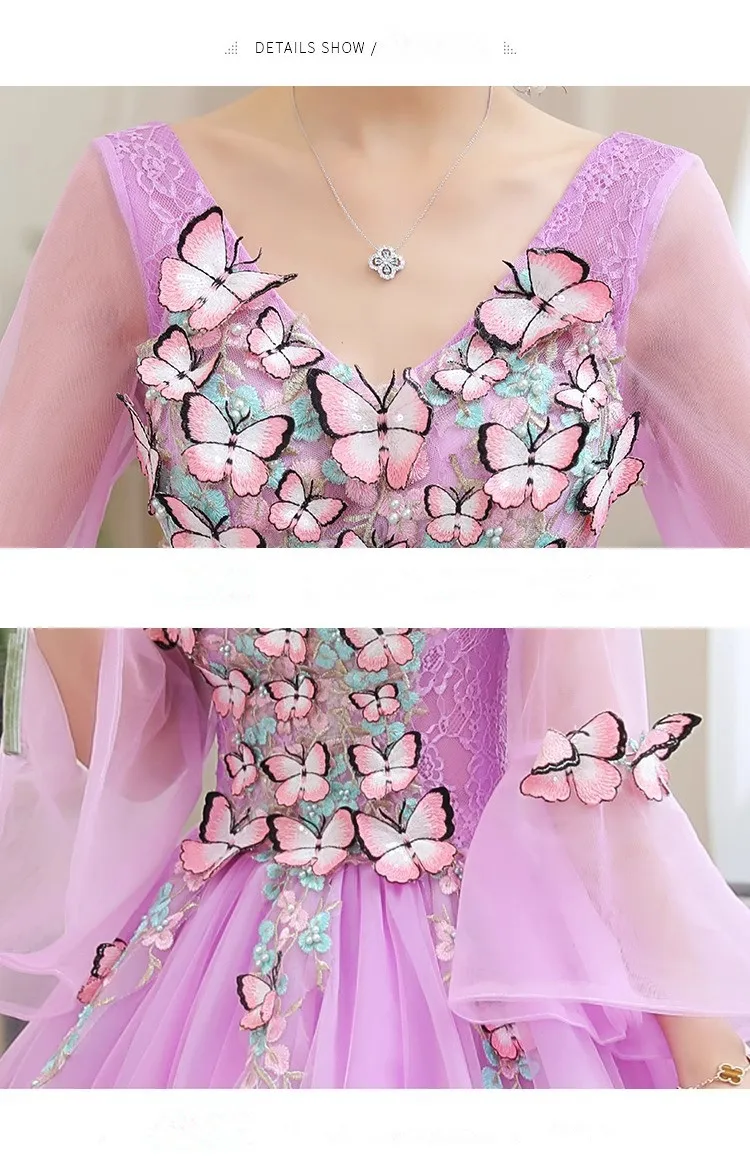 Vestidos de encaje de mariposa para quinceañera, Media manga, trompeta, fiesta de graduación, hasta el suelo, púrpura, 15