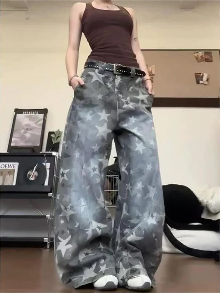 

Высокая талия, американский дизайн, винтажные свободные утягивающие джинсовые брюки со звездным принтом, сексуальные девушки, новые брюки длиной до пола, нож