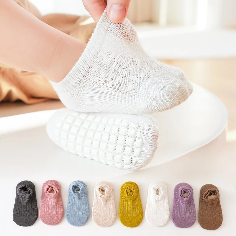 4Pairs Baby Non-slip Floor Socks Breathable Mesh Cotton Grip Soft Slipper Socks for 0-5Y Boys Girls Indoor Walking