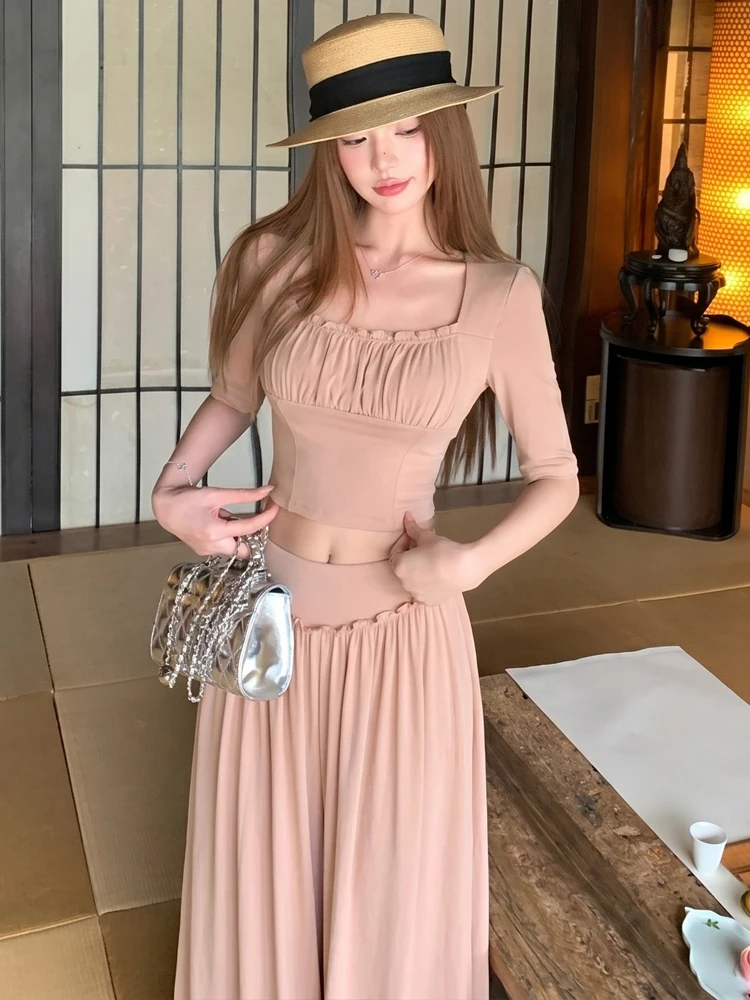 

Sexy Fashionable Square Collar mid Sleeve Slim Fit Belly Button T Shirt Top Loose Wide Leg Pants Two Piece Set for Women