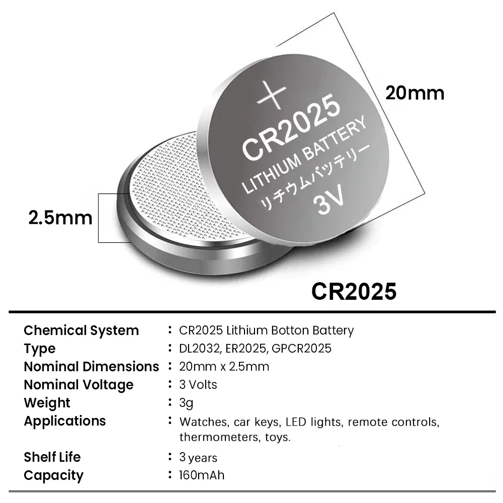 10pcs160mAh CR2025 Battery Coin Cells CR 2025 DL2025 BR2025 LM2025 ECR2025 3V Lithium Button Battery For Watch Car Remote Key