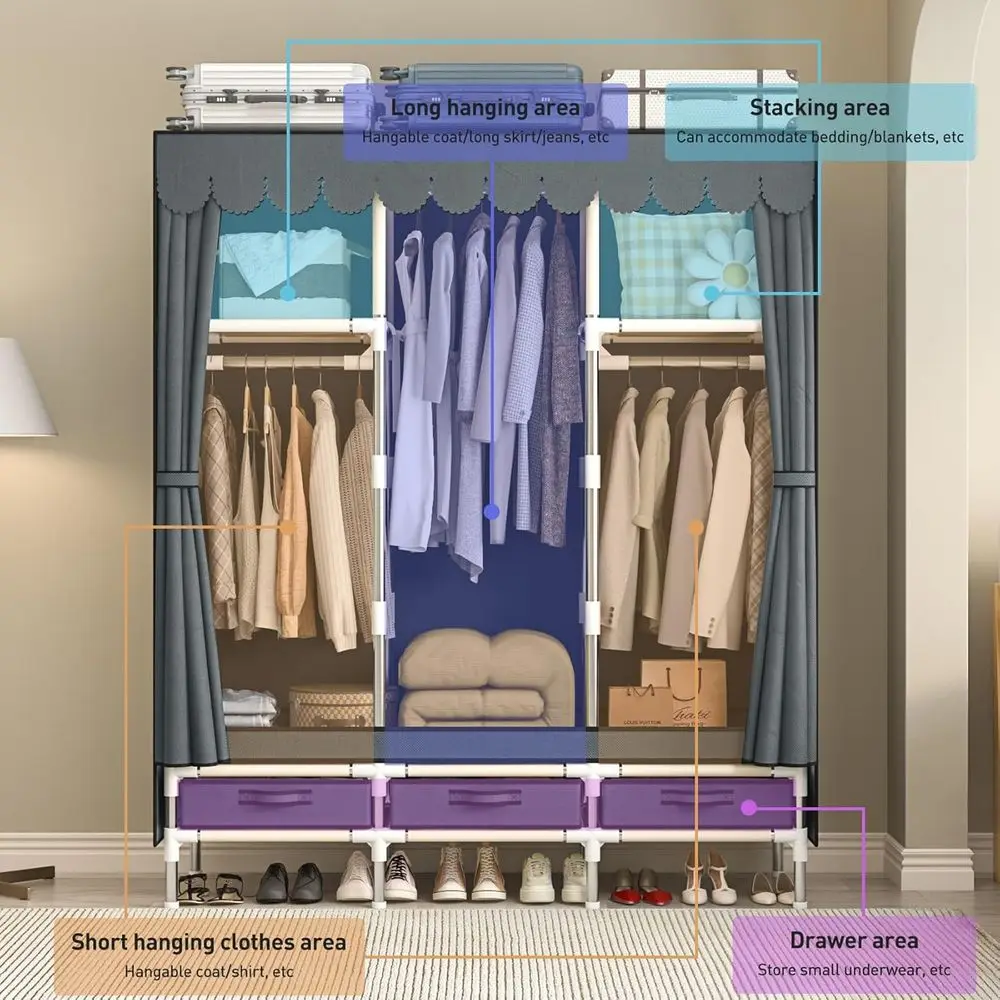 Portable Armoire Wardrobe Closet with 3 Drawers and 3 Hanging Rods,Cloth Closet Wardrobe Cabinet for Hanging Clothes,Grey Cover,