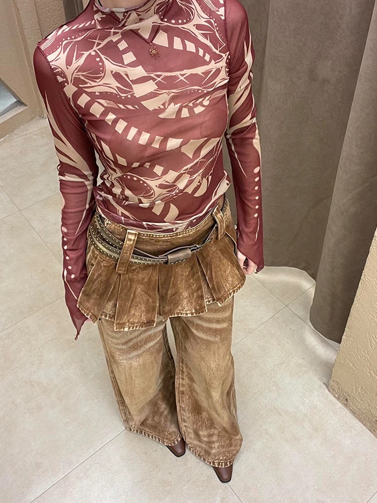 

Женская плиссированная юбка, дизайнерские широкие брюки, уличная одежда, модные брюки в стиле ретро, женские коричневые джинсовые джинсы с низкой талией