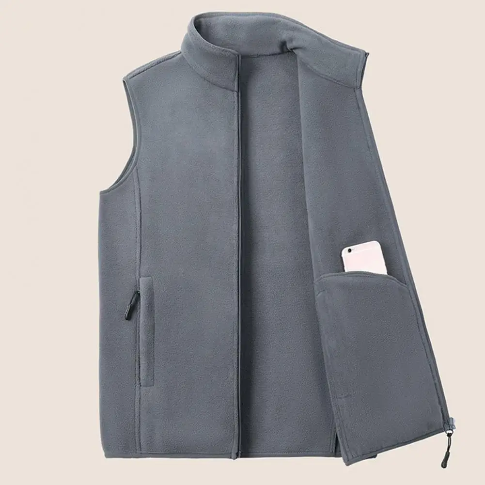 Men Polar Fleece Vest Coat Stand-Up Collar Sleeveless Double Side Pockets Waistcoat Zipper Closure Solid Color Warm Autumn Winte