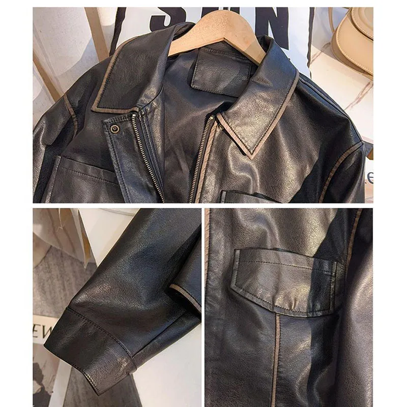 السيدات اللون حجب البيسبول سترة قصيرة الخريف الإناث الترفيه بولي معطف معطف جلد ريترو المرأة موضة فضفاضة فو الجلود أبلى
