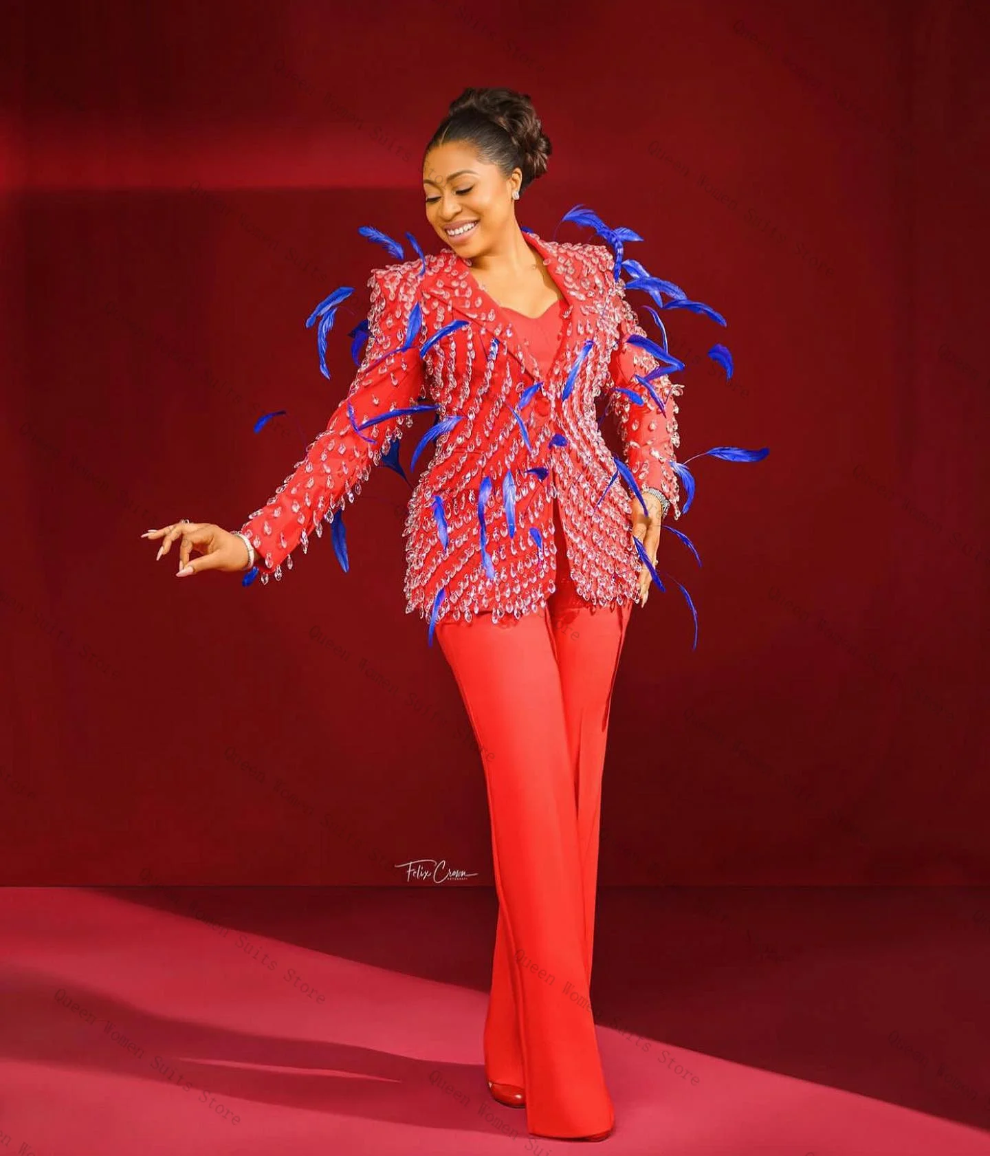 

Red Women Suit Set 2 Piece Blazer Pants Trouser Luxury Feather Crystals Formal Office Lady Jacket Cotton Wedding Coat Customized