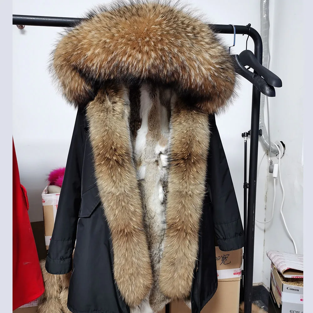 Maomaokong 2022 New Women\'s Winter Coats Rabbit Lining Jacket Natural Real Raccoon Fur Collar Parka Fox Fur Long Female Clothing