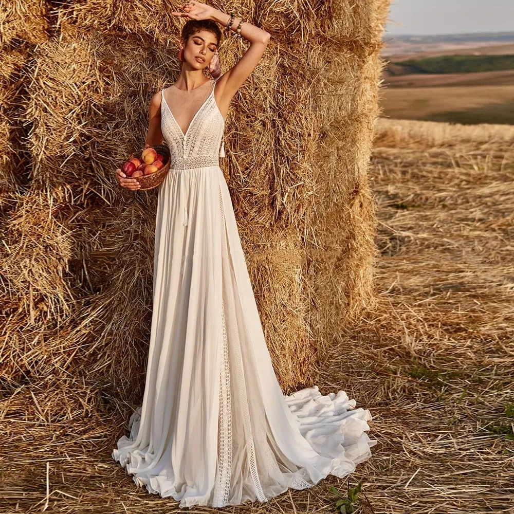 Elegante Trouwjurken Voor Vrouwen 2024 Vintage Bruidsjurken Chiffon A-Lijn Gewaden Mouwloze Sierlijke Vestidos De Novia