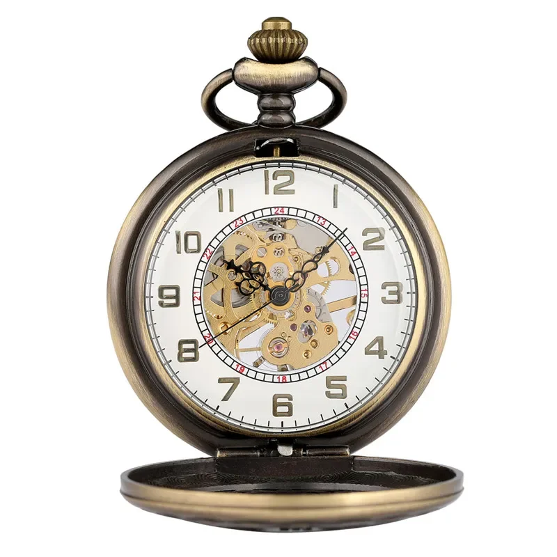 Retro Hollow Knot Design Pocket Watch Half Hunter Handwinding Mechanical Watches with Pendant Chain for Men Women Arabic Number