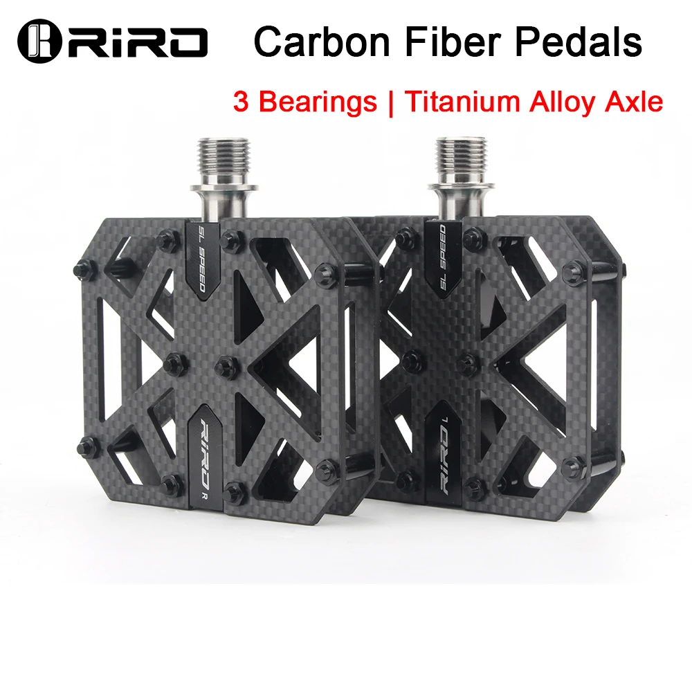 RIRO Carbon Fiber Pedals 3 Bearings Ultralight MTB Titanium Alloy Axle Mountain Bicycle Non-Slip Flat Pedals Road Bike Parts