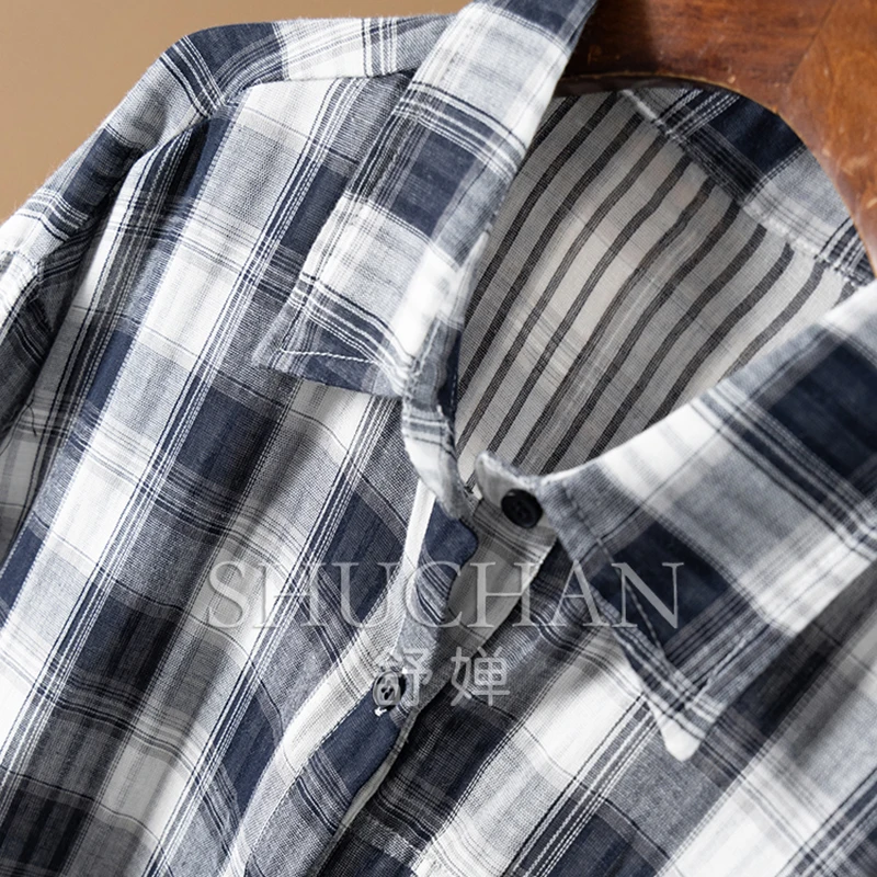 Plaid Double-layer Cotton Yarn Loose Lapel Long-sleeved Shirt Women's 11F2  Womens Tops Blusas Mujer