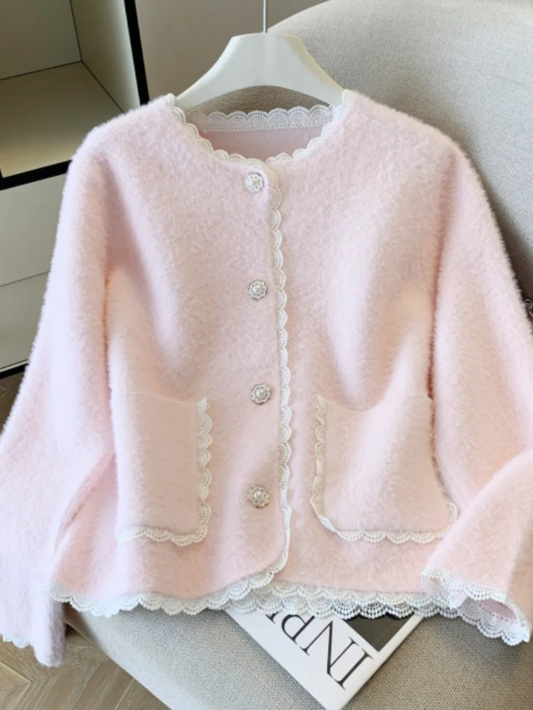 

Норковый свитер с кружевной отделкой, пальто, женский весенне-осенний маленький вязаный открытый кардиган, самовосстанавливающийся корейский свободный крой