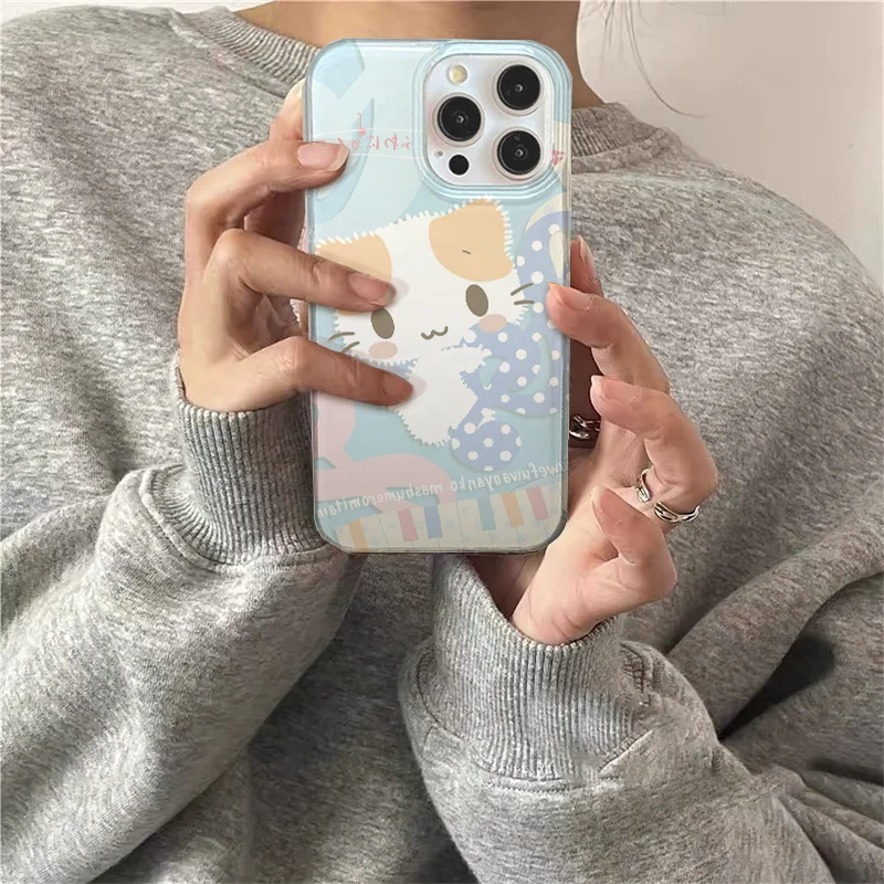 Ind fundo branco dupla camada nota musical remendo gatinho capa de telefone para iphone 11 12 13 14 15 16 pro max