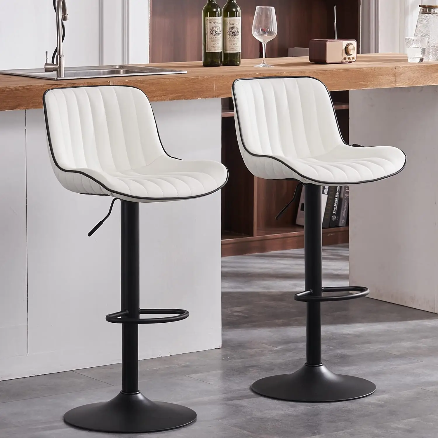 YOUNIKE Bar Stools Set of 2 White Counter Height Barstools with Backs Swivel High Faux Leather Kitchen Island Bar