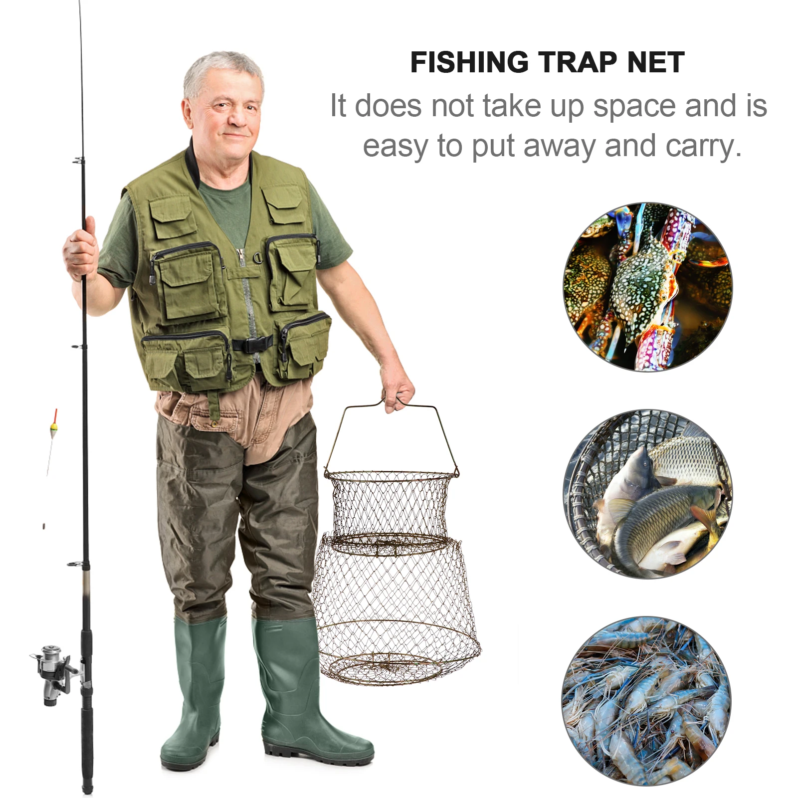 

Wire Mesh Fish Cage Shrimp Steel Net Fishing Nets Foldable Trap Crab Fishing Tool 4 Spring Frames 3 Layers Storage