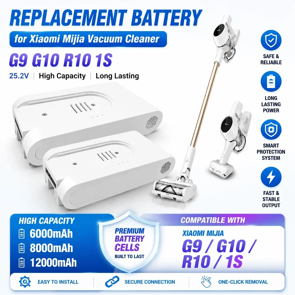 Long Lasting 25.2V 12000mAh Rechargeable Lithium Battery Pack 2026 NEW for Xiaomi Mijia G9 G10 1S Wireless Vacuum Cleaner
