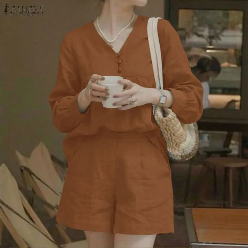 

Модный женский комплект ZANZEA 2026: топ с V-образным вырезом и длинным рукавом, шорты, весенний повседневный костюм из 2 предметов, однотонный хлопковый спортивный костюм оверсайз
