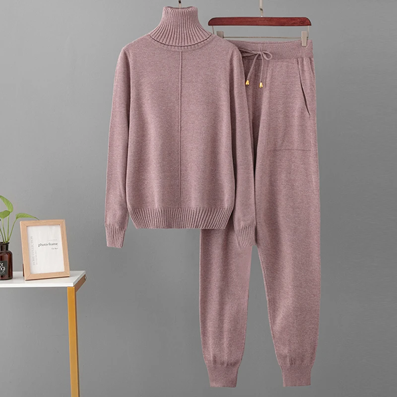 2023 New 2 Pieces Set Women Knitted Tracksuit Turtleneck Sweater Carrot Jogging Pants Pullover Sweater Set CHIC Knitted Outwear