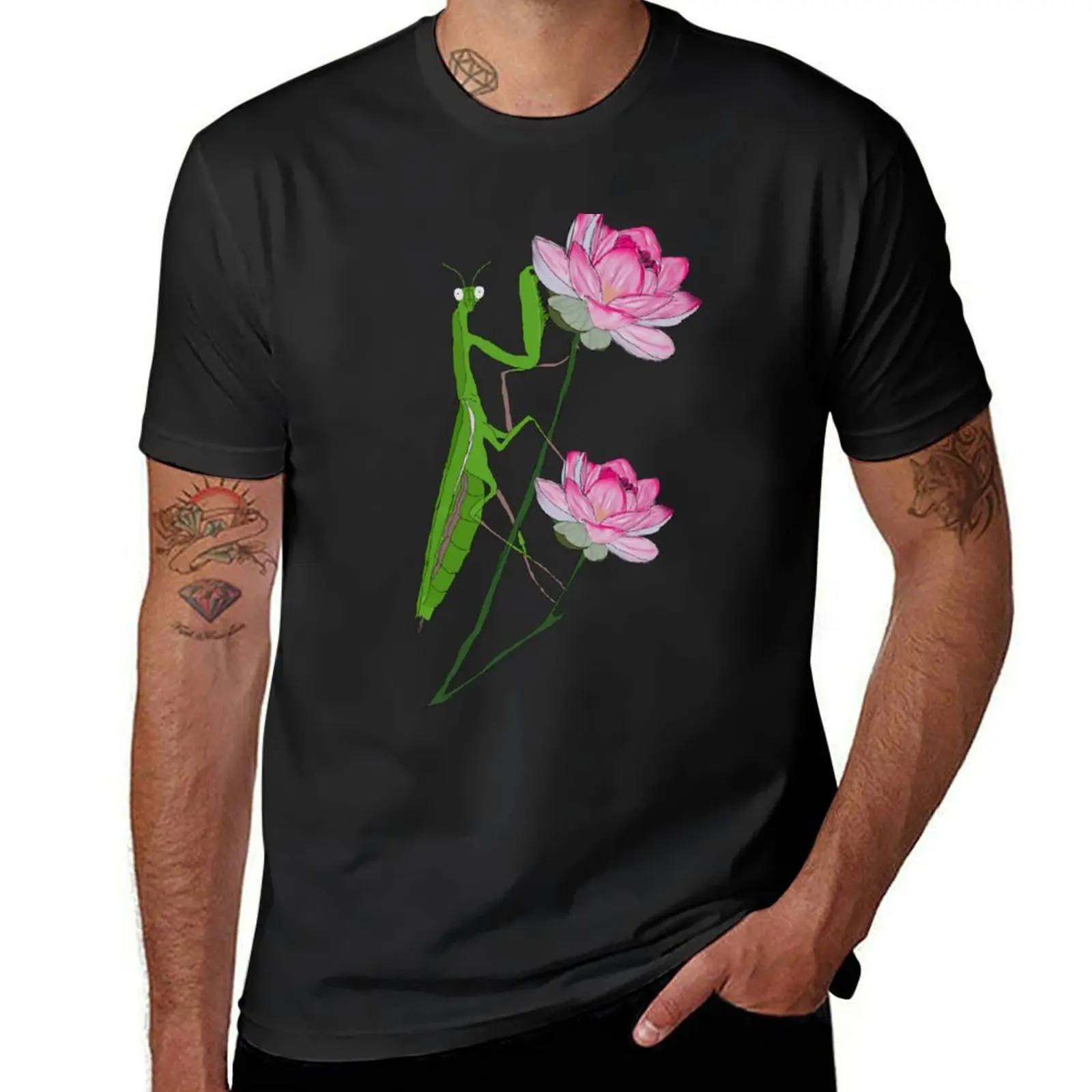 Praying Mantis on Lotus Flower T-Shirt plus sizes korean fashion t shirt men