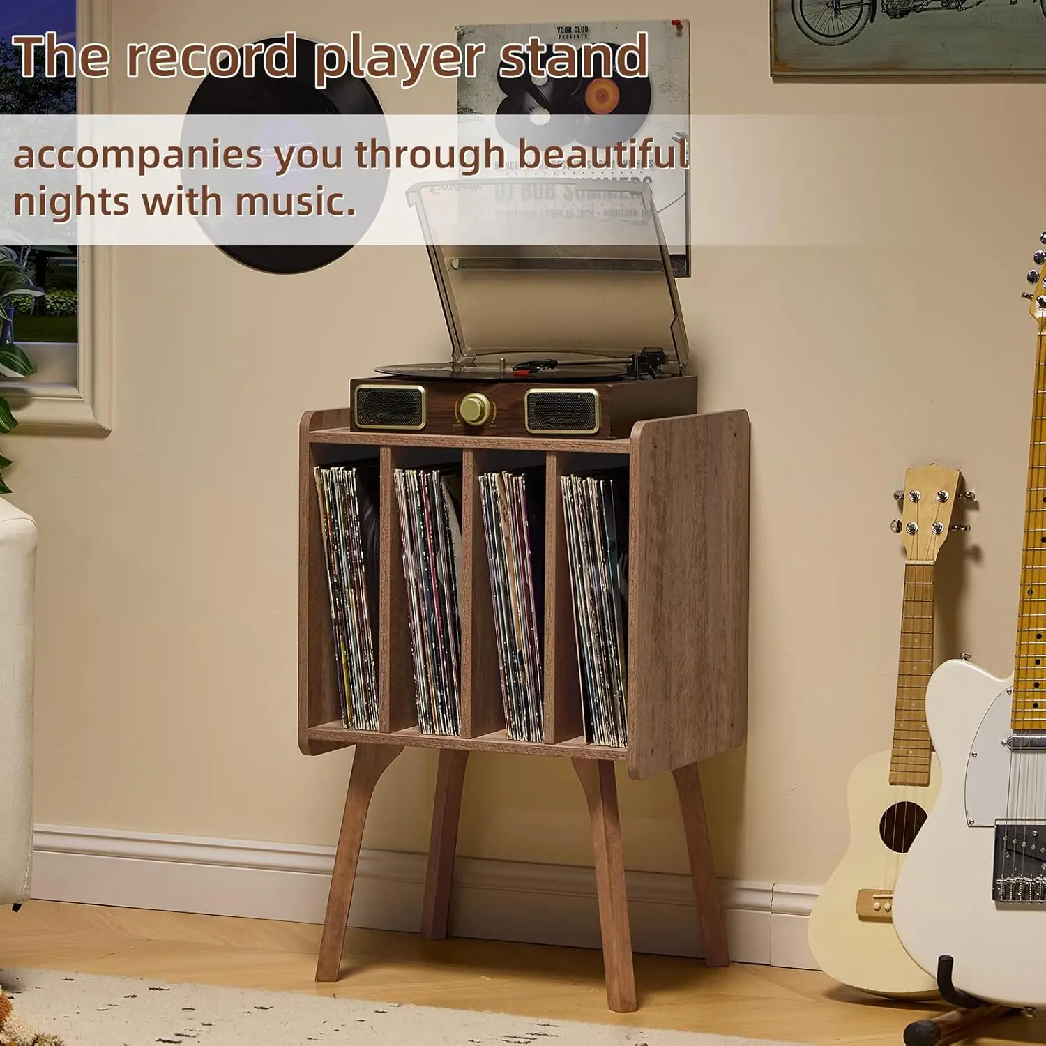 オーク材ビニールレコード収納テーブル、キャビネット4つ付き、アルバム80枚収納可能、リビングルーム、寝室用ターンテーブルスタンド
