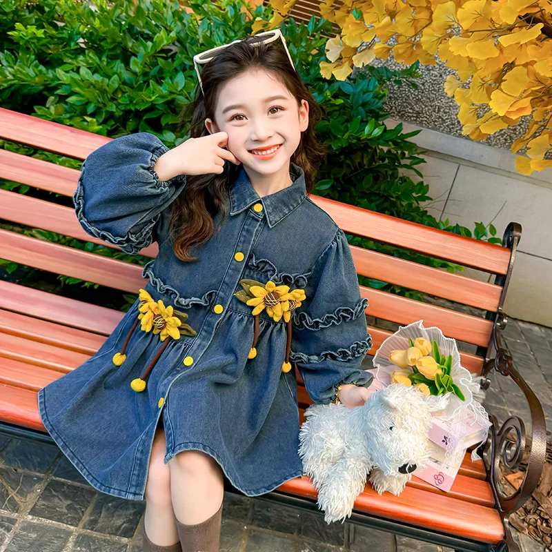 

Baby Girl Long Denim Trench Coat with Sunflower Designs Kids New Autumn Clothing Overcoat Toddler Child Casual Jeans Jacket 2-9Y