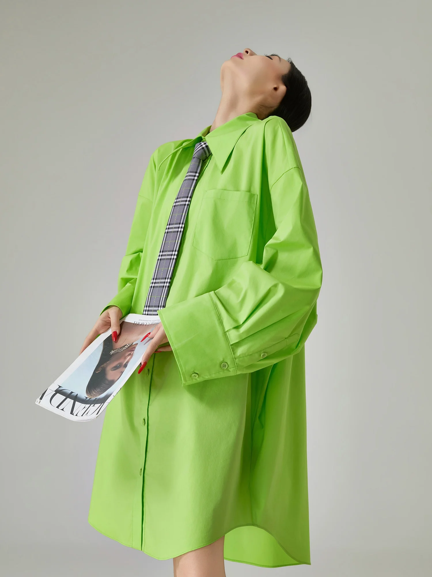 

Dopamine Green Shirt Design Long Sleeve Dress Tie Spring Summer New Style Natural Waist H Version Polyester Fiber Commute Wind