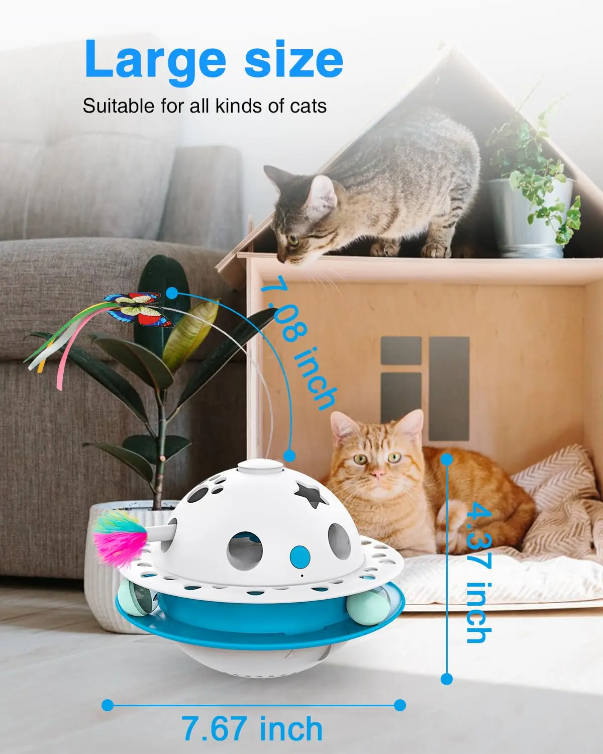 3 in 1 Smart Cat Toys, Fluttering Butterfly,Random Whack-A-Mole Mice, Dual Power Supplies,1 Pcs Catnip Balls, Auto On/Off (Blue)