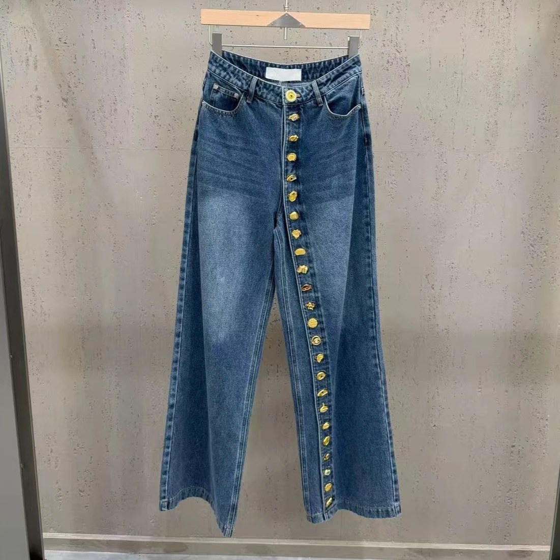 

2026 New Arrival Loose Straight-leg Heavy Industry Button Design Patchwork Cross Wide Leg Jeans Women's Slimming Look Pants