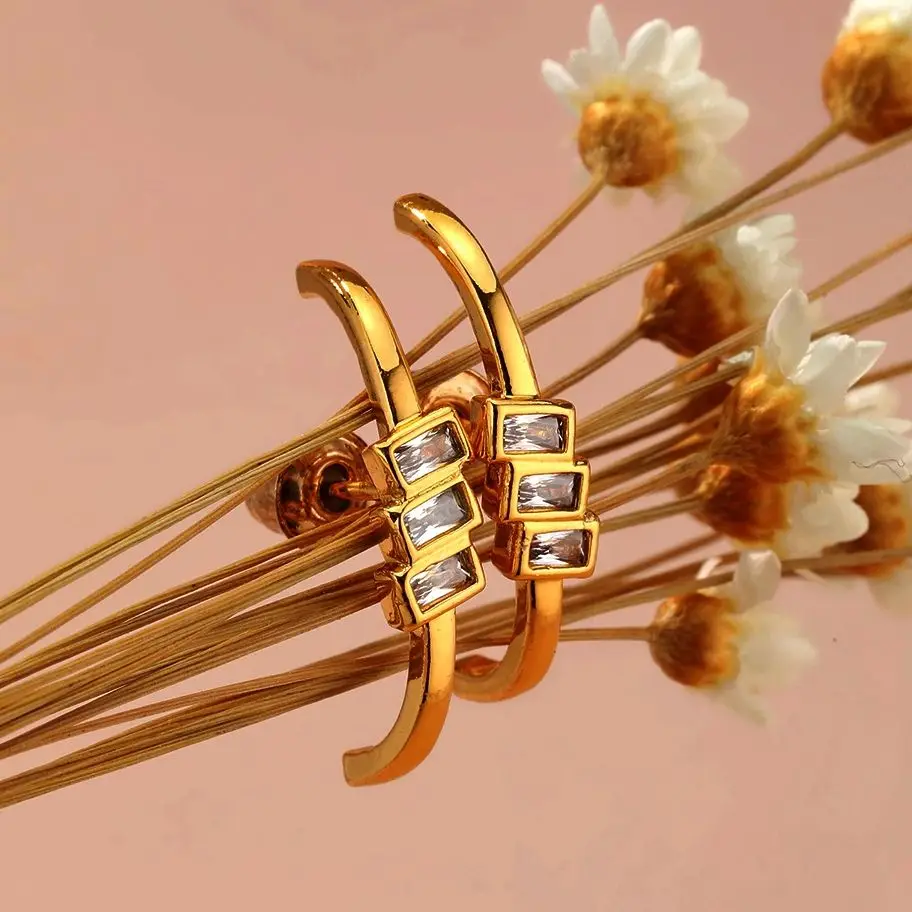 Rectangle Crystal Stud Earrings Gold Color Simple Crescent Cartilage Earrings Helix Tragus Piercing Jewelry Trendy Female Gifts