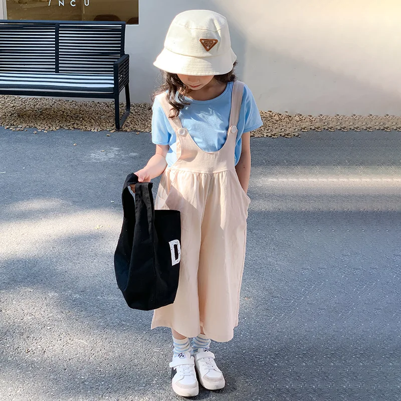 

2024 Korean Summer Junior Girl Clothing Set Teenager Girl Casual Short Sleeve Tops+Suspender Pants Set Girls From 4-12 Years Old