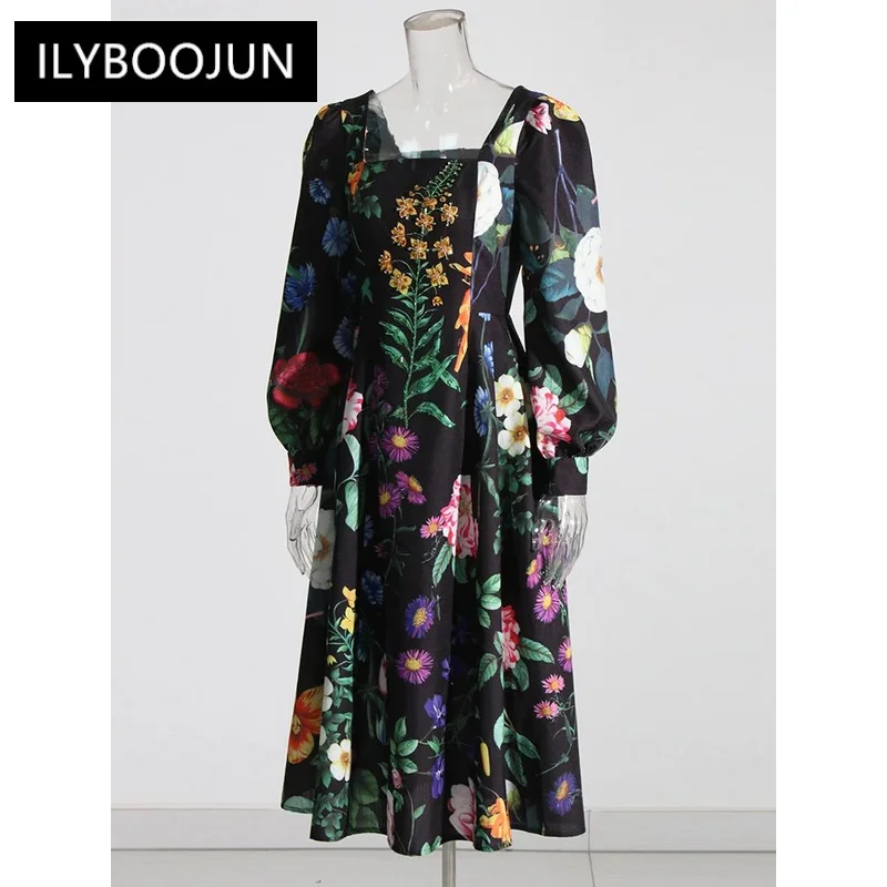 

Hit Color Print Dresses For Women Square Collar Long Sleeve High Waist Folds A Line Summer Dress Female For Women 2023 Luxury