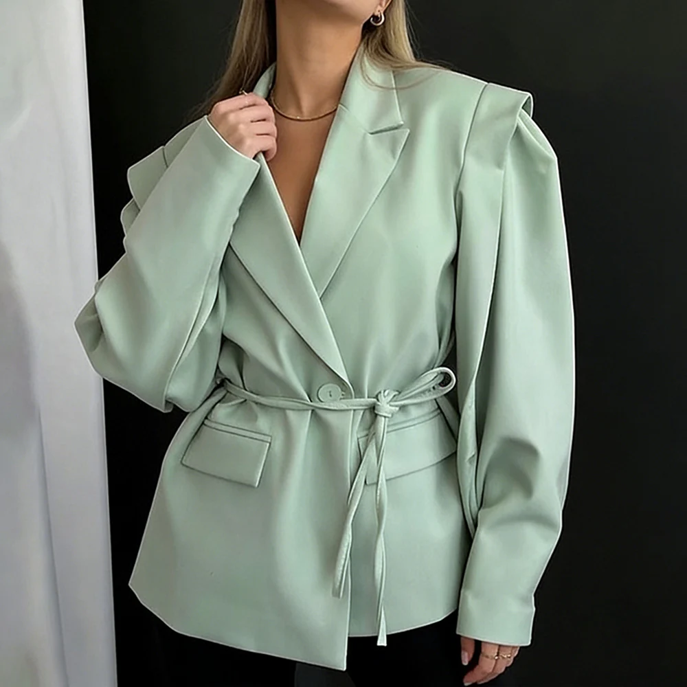 

Solid Lapel Lace Up Loose Blazer Women V Neck Long Sleeve Slim Fit Pockets Jackets Elegant Fashion Casual Commute Street Jacket