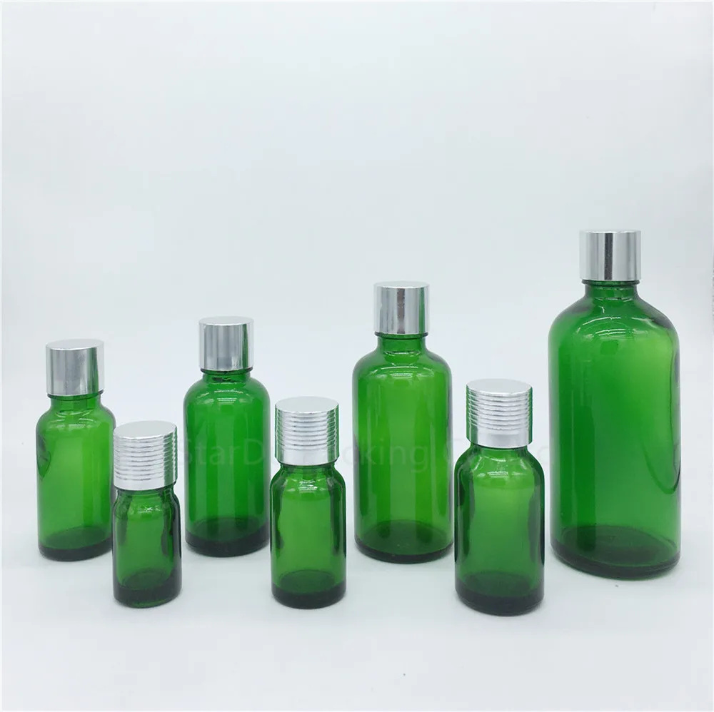 

480PCS 5ml/10ml/15ml/20ml/30ML/50ml/100ml Green Glass Bottle Vials Essential Oil Bottle With Silvery Screw Cap Perfume Bottles