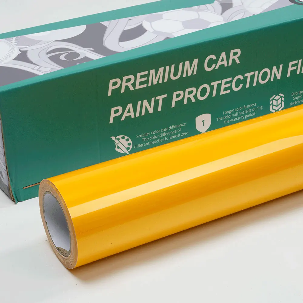 2025 Hight Kwaliteit 1.52X17 M Luchtbel Gratis Rekbaar PET Metallic Esdoornblad Geel Wraps Sticker Car Wrapping film
