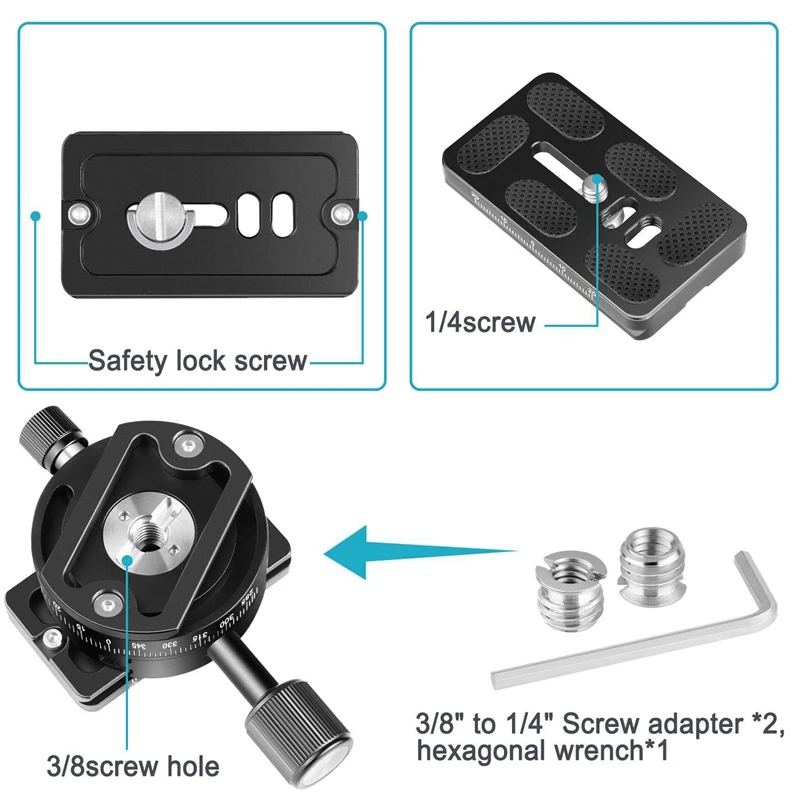 Trépied suisse Guardian résistant à la rotation à 360 degrés, rotule, plaque à dégagement rapide, adaptateur de pince, support pour appareil photo reflex numérique