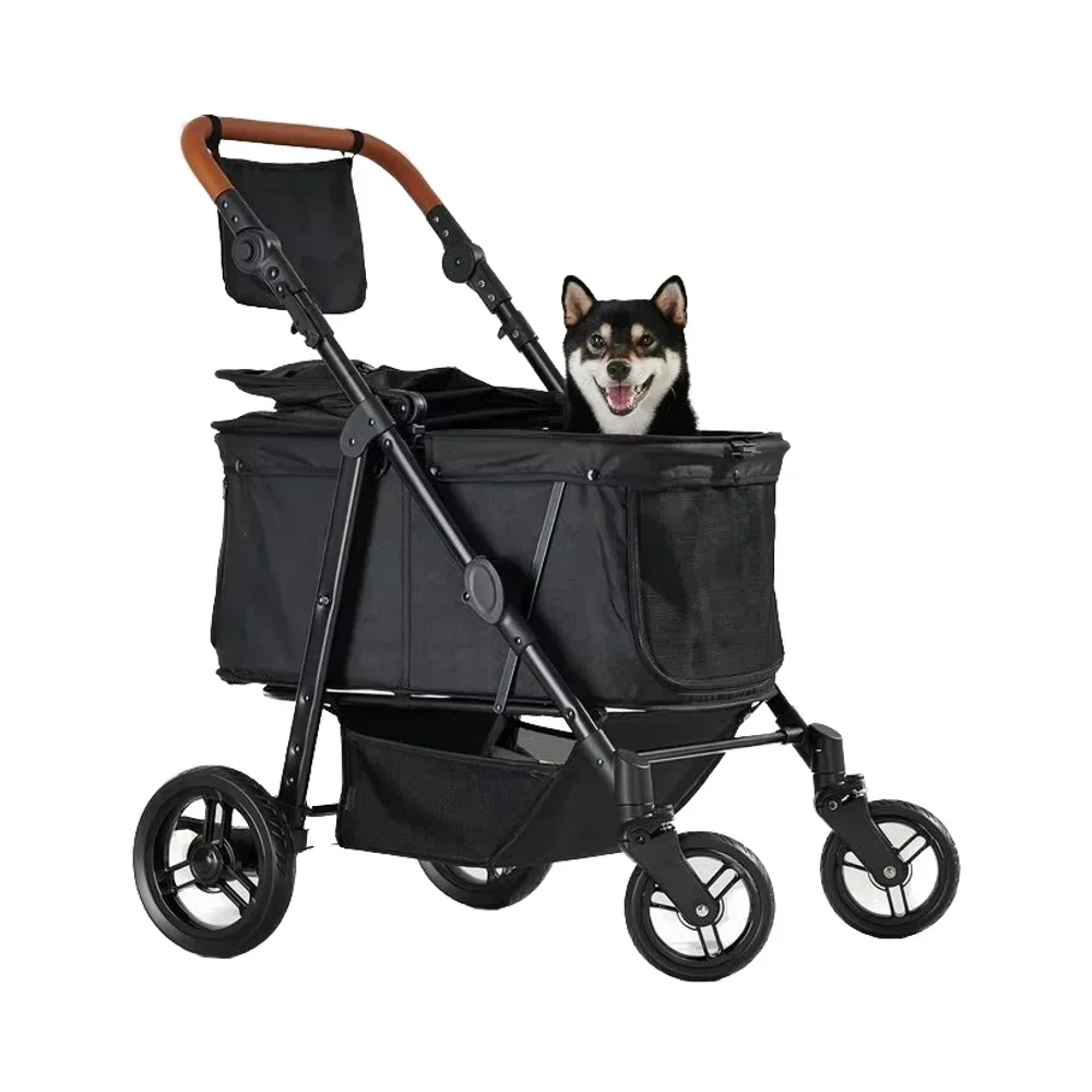 Pet Stroller,Dual Purpose 4 Wheeled Pet Stroller Portable Foldable Steel Frame Oxford Material Detachable Features Outdoor