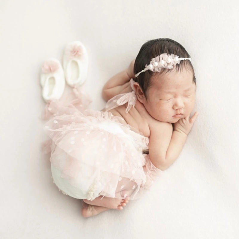 1Set Lace Newborn Photography Props Clothes Princess Baby Girl Dress+Pearl Headband+Shoes Outfit Baby Photo Shooting Accessories