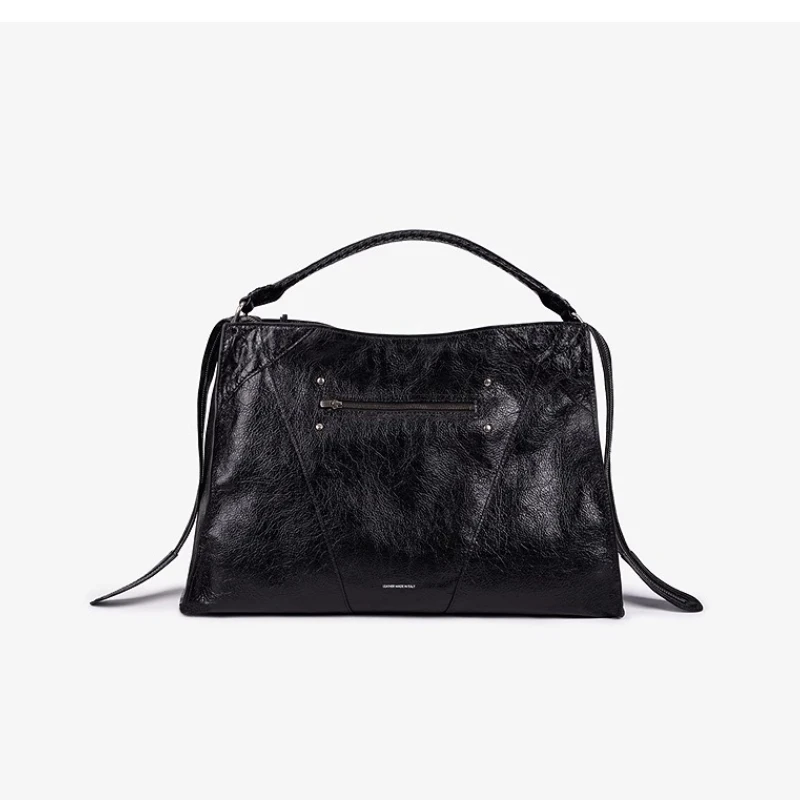 GROTTO Lapel Bag Genuine Leather Large Capacity Commuter Biker Style Handheld, Single-Shoulder, Crossbody Bag