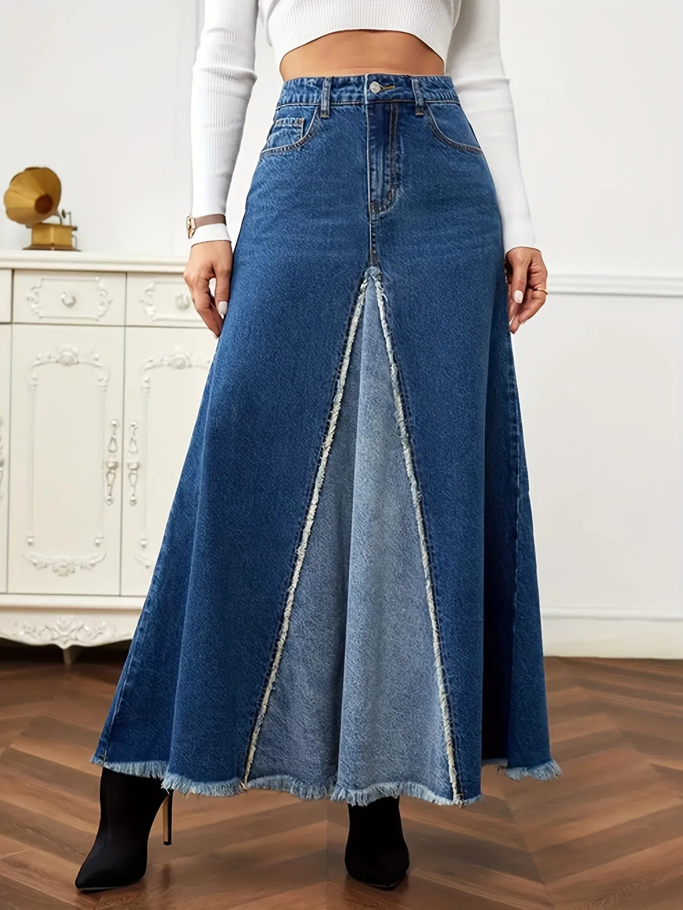 

Long Skirt Women Vintage Denim Skirts Patchwork High Waist Washed Distressed Pockets Casual A Line 2025 Female Streetwear