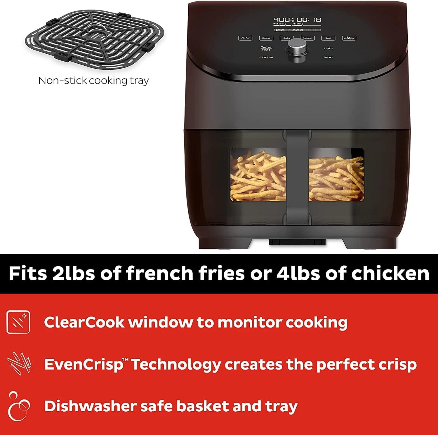 Vortex Plus 6QT ClearCook Air Fryer, Clear Windows, Custom Program Options, 6-in-1 Functions, Crisps, Broils, Roasts, Dehydrates