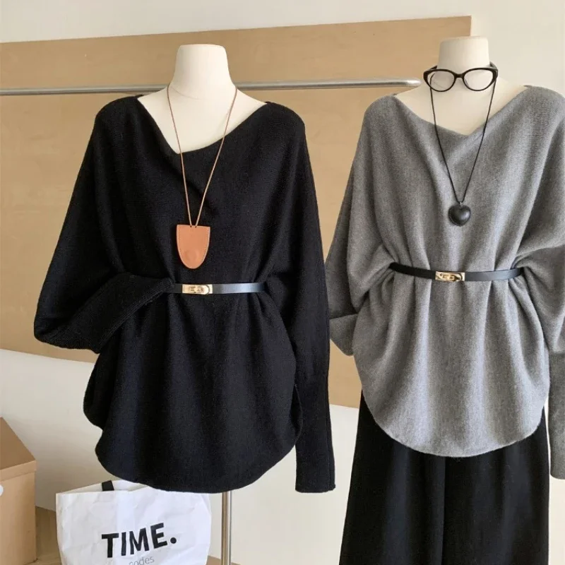 Winter Knitted Sweaters Women Korean Style Loose Pullover Sweater Female Long Sleeve Slash Neck Casual Elegant Tops 2024 Clothes