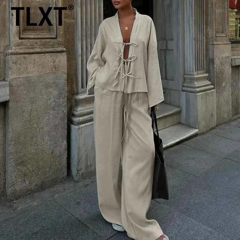 

TLXT модный женский комплект из 2 предметов, однотонный пиджак с v-образным вырезом и длинными рукавами + брюки с высокой талией, женские летние комплекты 2025, новая одежда XK1385