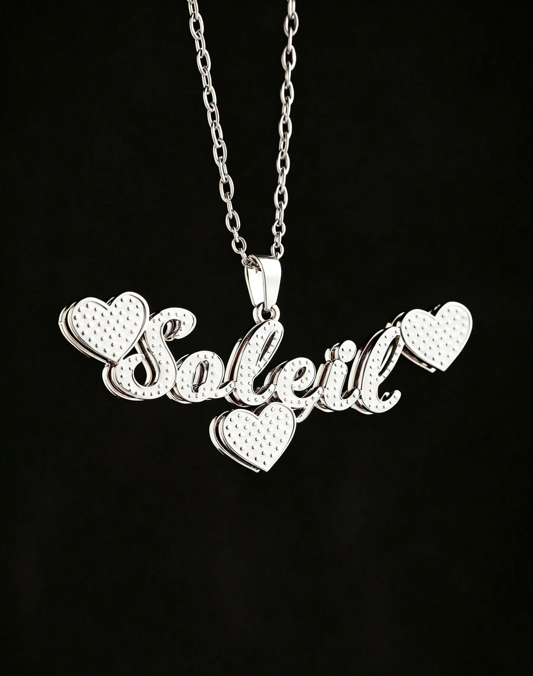 1 piece customized name brand necklace, double-layer light and shadow effect name, 3 heart-shaped pendants, 3D name pendant