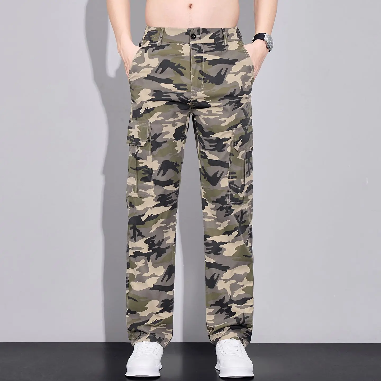 Men's Casual Camouflage Cargo Pants Men Elastic Waist Long Trousers Man Street Style Tactical Pants Male Multi Pockets Bottoms
