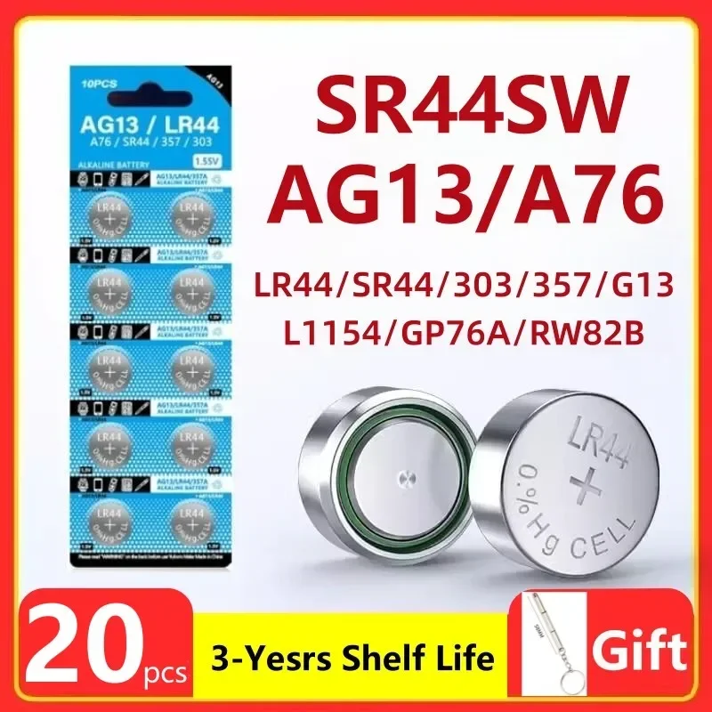 

20PCS AG13 LR44 A76 1.55V Button Batteries For Watch Toys Remote L1154 SP76 pila SR44 LR1154 357 303 Cell Coin Alkaline Battery