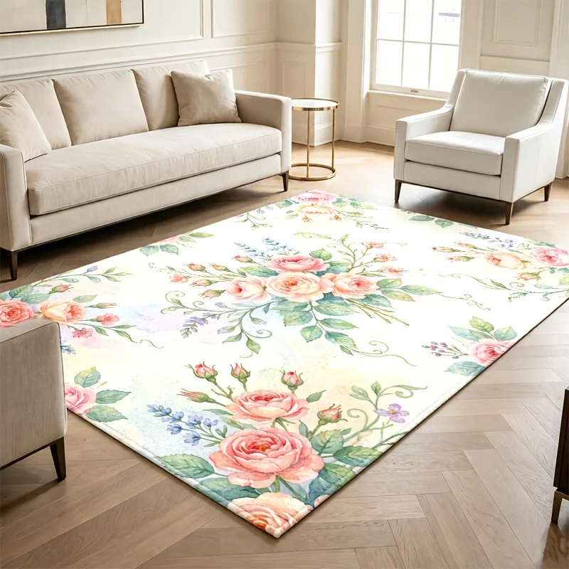 Watercolor Rose Floral Area Rug Vintage Garden Pink Flower Bouquet Art Print Large Floor Carpet for Living Room Aesthetic Carpet