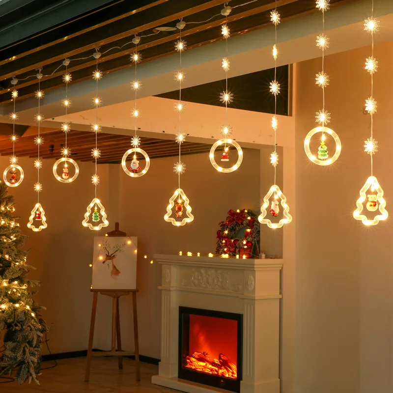 Rideau lumineux LED en cuir pour décoration de Noël, anneau lumineux, étoile, flocon de neige, arbre de Noël, pendentif, atmosphère, barre de glace, nouveau